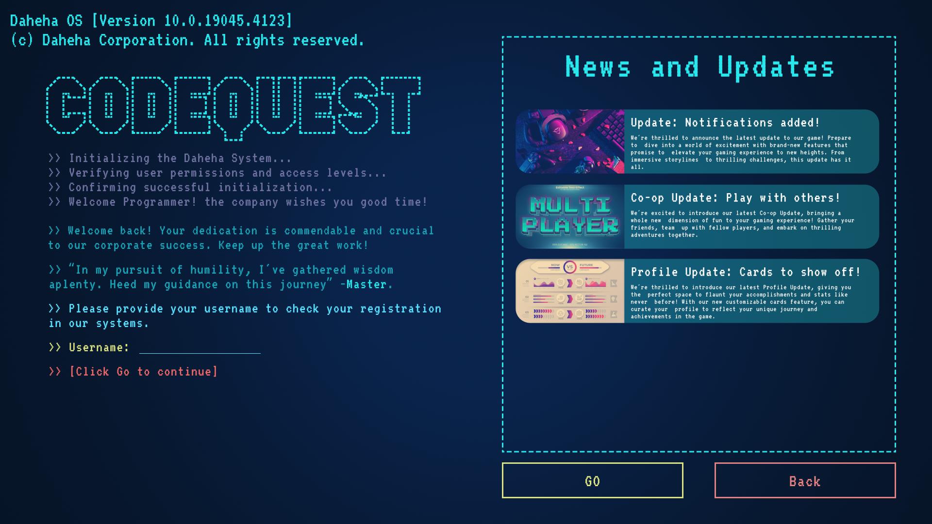 CodeQuest news and updates panel