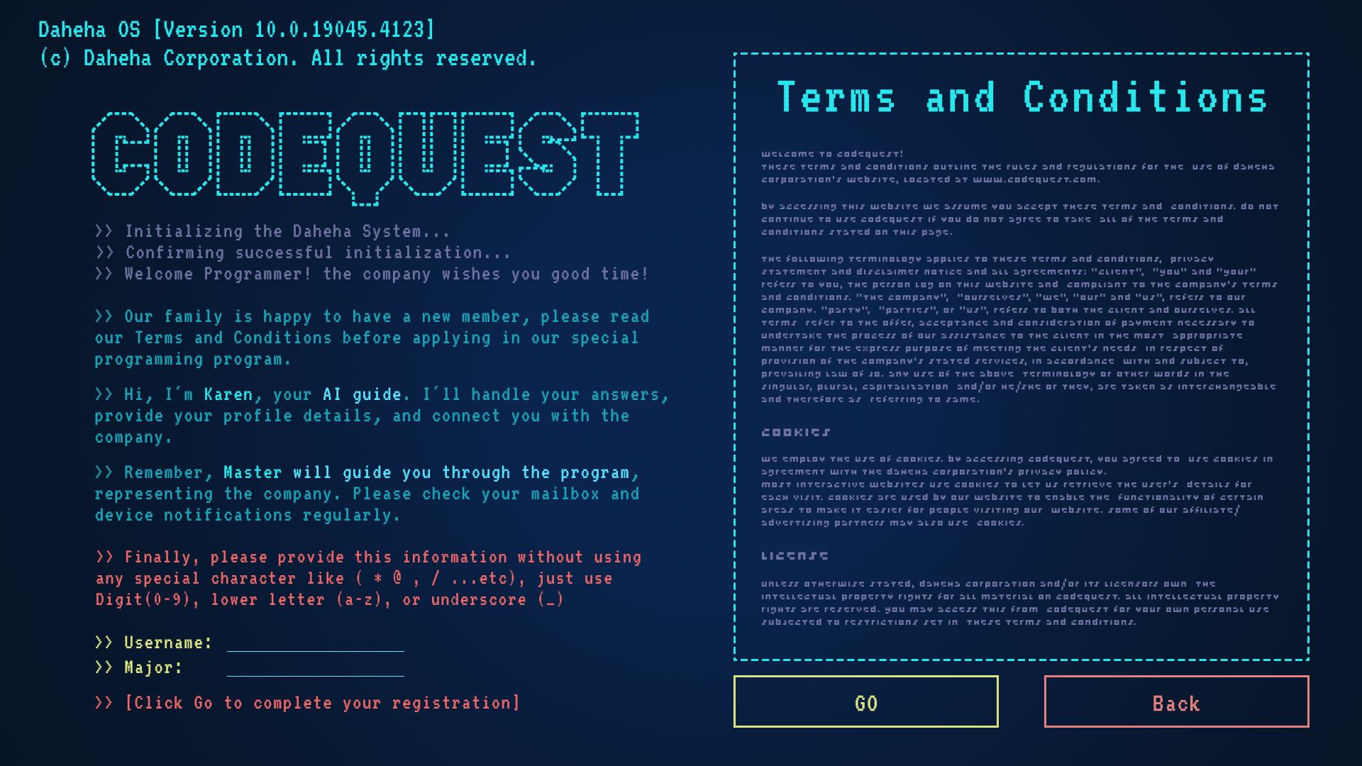 CodeQuest terminal-style registration screen